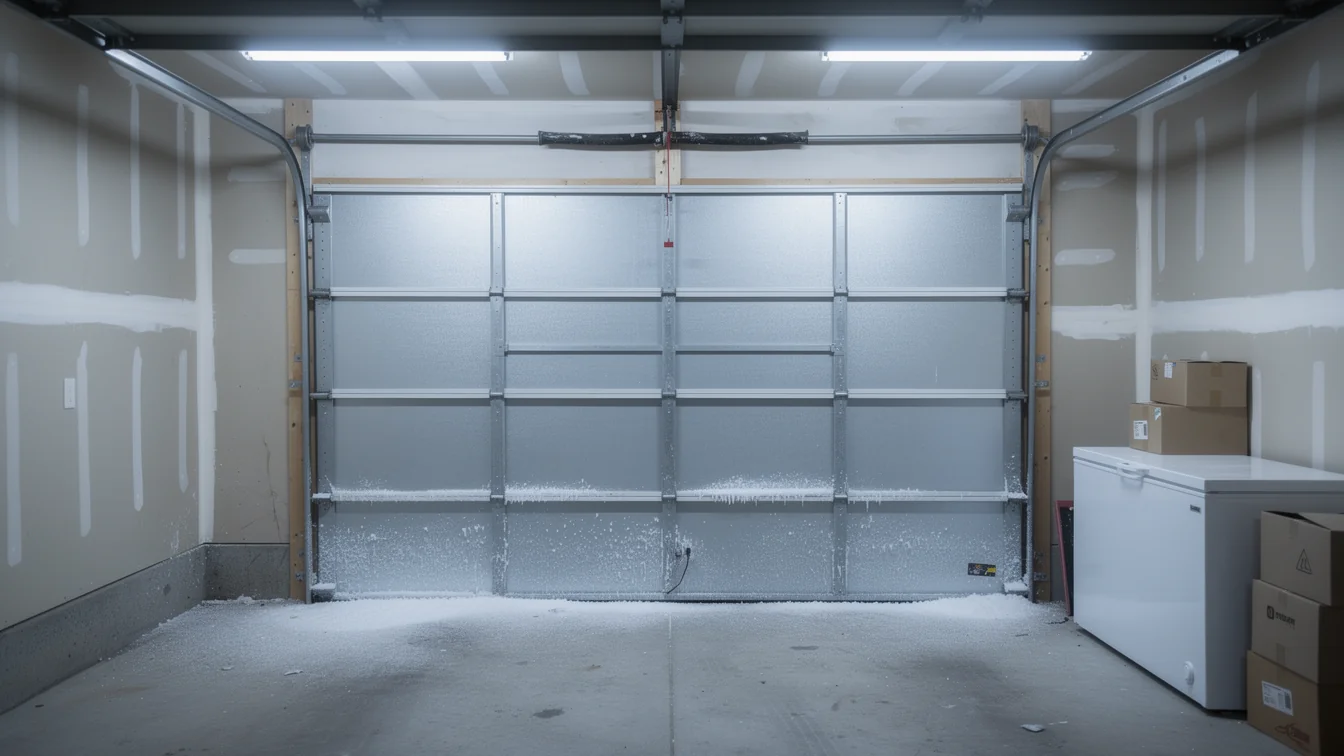 The garage door is closed and covered in snow and ice inside the garage.