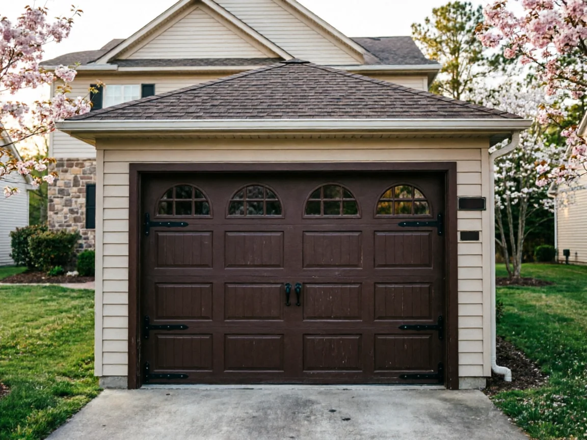 A brown garage door with decorative windows and hardware on a beige garage.