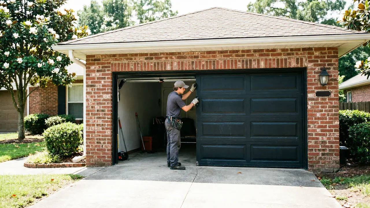 Technician on a stepladder mounting a new opener inside a garage with a black windowed door