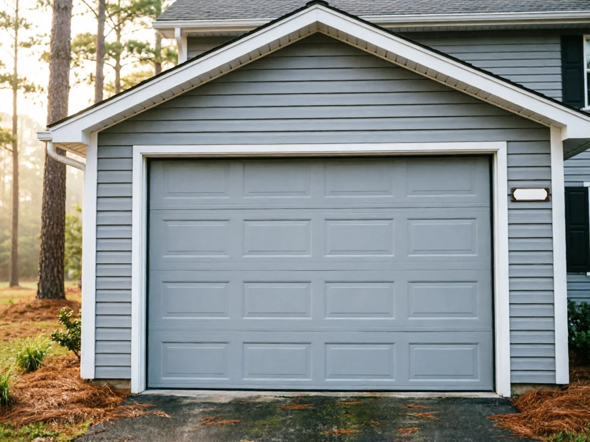 A gray garage door with panels is closed on a gray house.