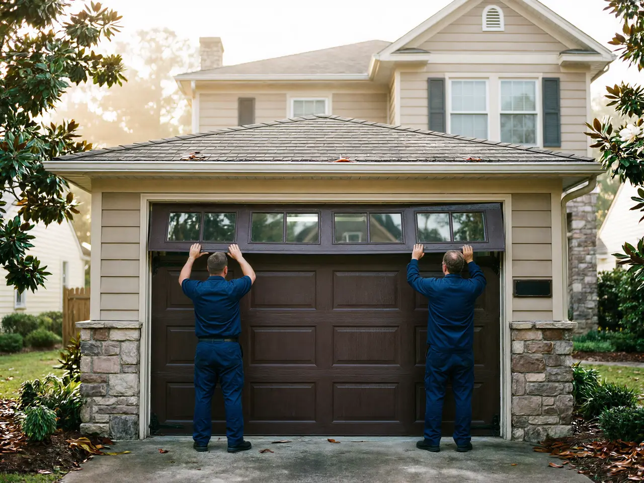Two technicians install a brown garage door with windows on a house.
