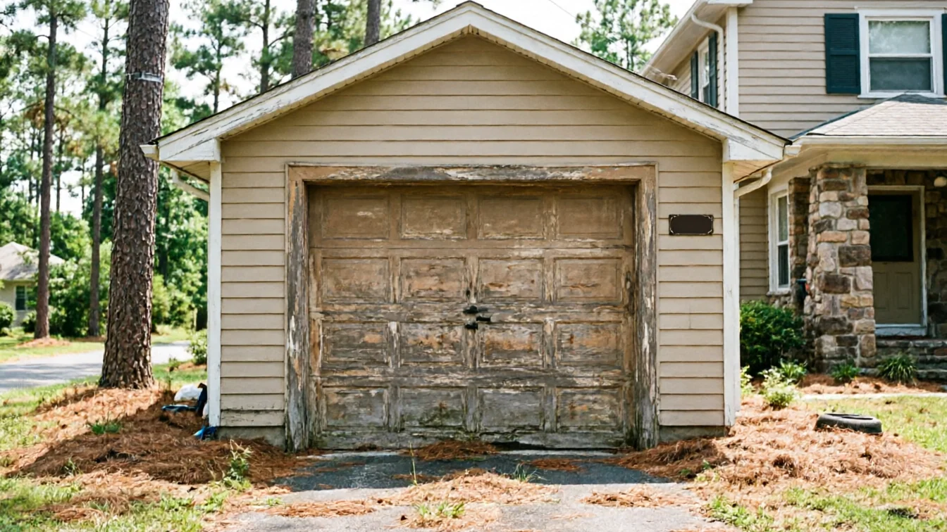 A weathered garage door with peeling paint is attached to a beige house.
