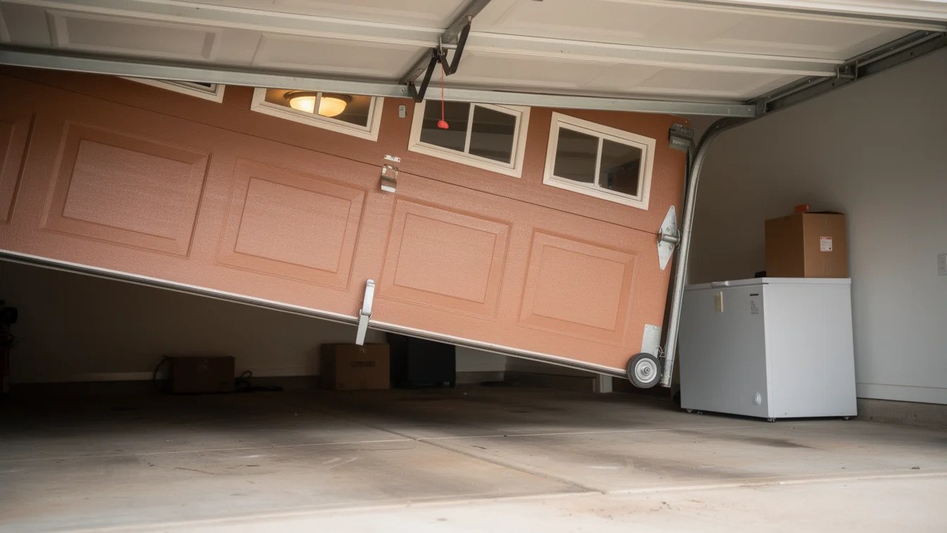 The brown garage door is off its tracks and hanging crookedly.